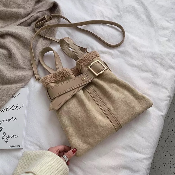 Bucket bag shoulder duo-style womens khaki cream belt magnet fuzzy soft leather - Picture 3 of 10